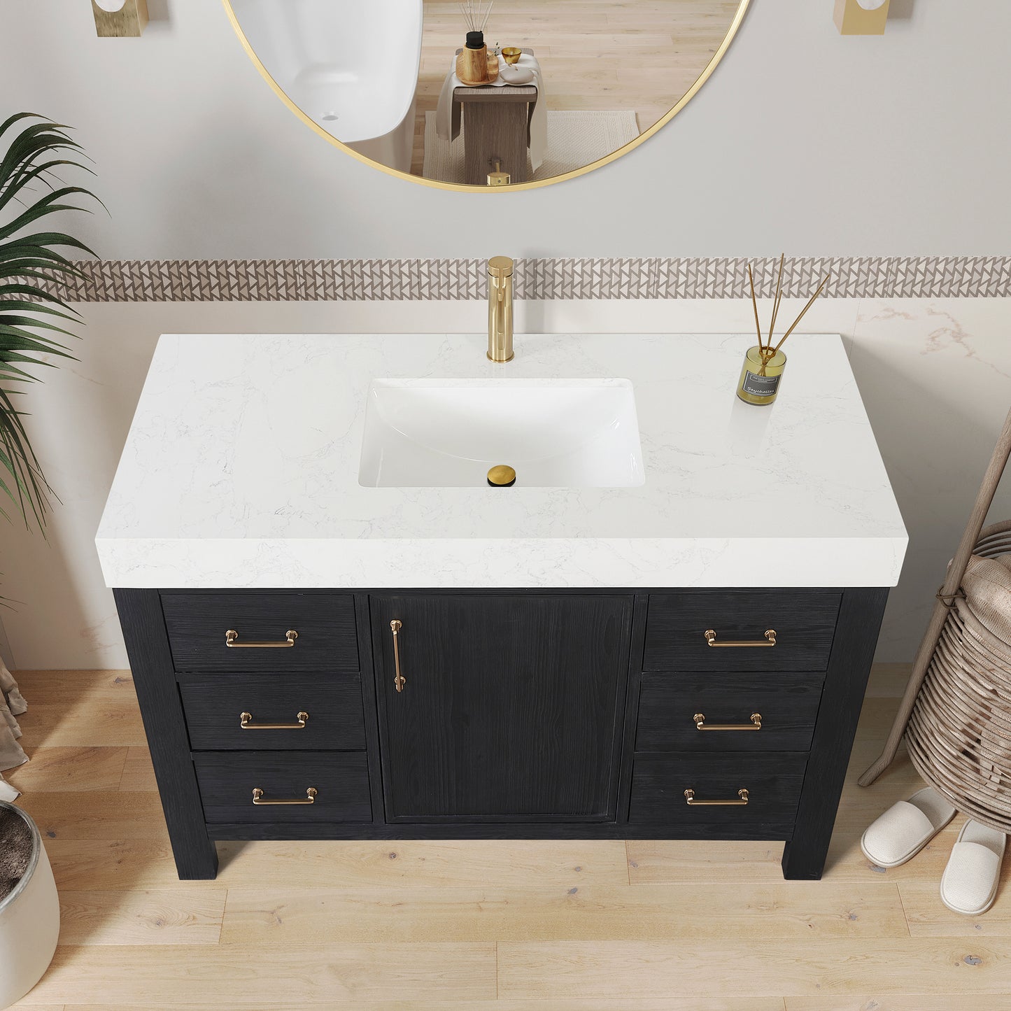 Vinnova, León 48in. Free-standing Single Bathroom Vanity in Fir Wood Black with Composite top in Lightning White and Mirror