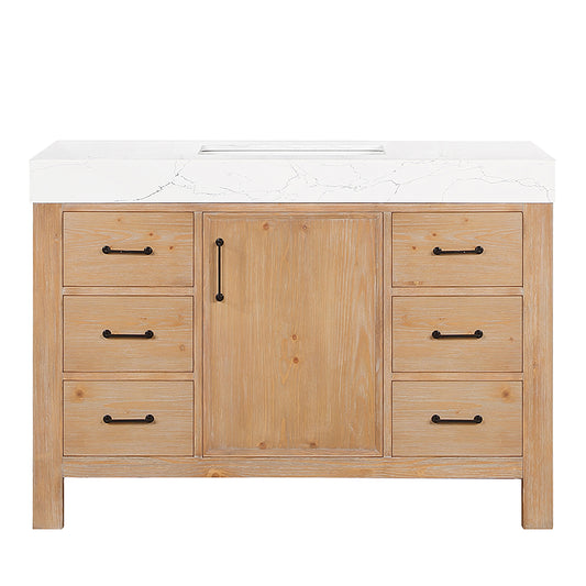 Vinnova, León 48in. Free-standing Single Bathroom Vanity in Fir Wood Brown with Composite top in Lightning White