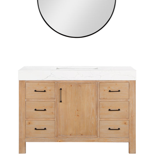 Vinnova, León 48in. Free-standing Single Bathroom Vanity in Fir Wood Brown with Composite top in Lightning White and Mirror