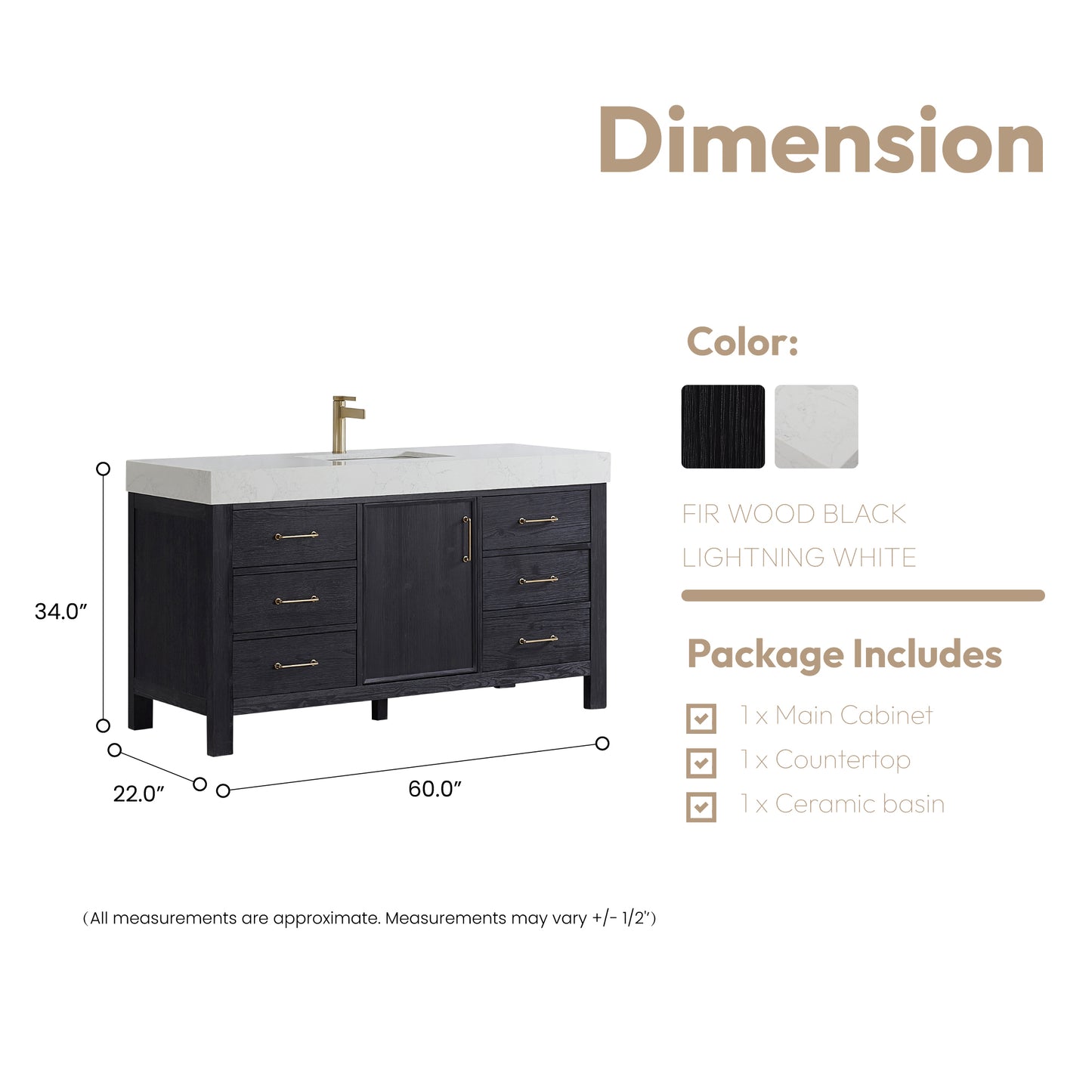 Vinnova, León 60in. Free-standing Single Bathroom Vanity in Fir Wood Black with Composite top in Lightning White