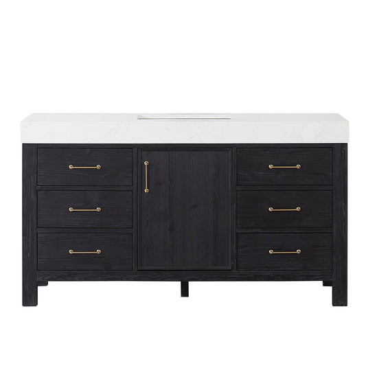 Vinnova, León 60in. Free-standing Single Bathroom Vanity in Fir Wood Black with Composite top in Lightning White