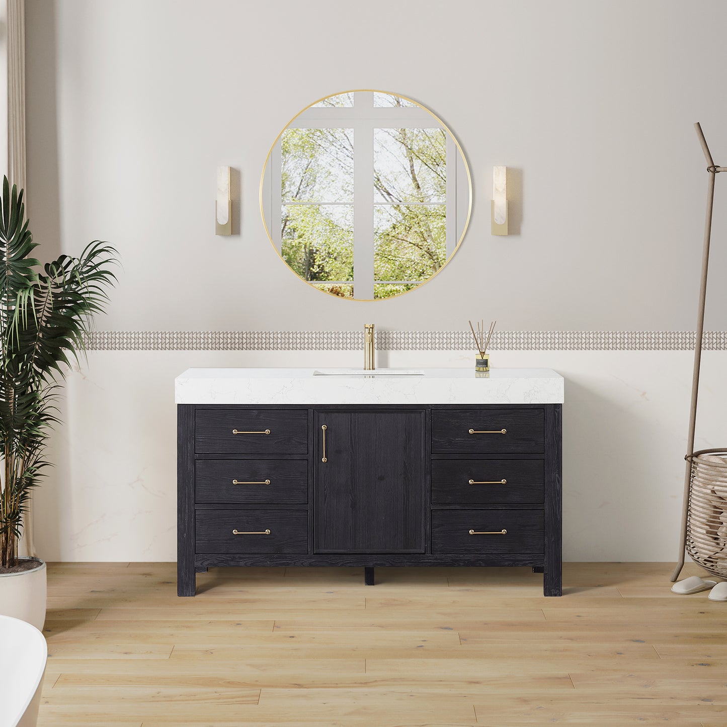 Vinnova, León 60in. Free-standing Single Bathroom Vanity in Fir Wood Black with Composite top in Lightning White and Mirror