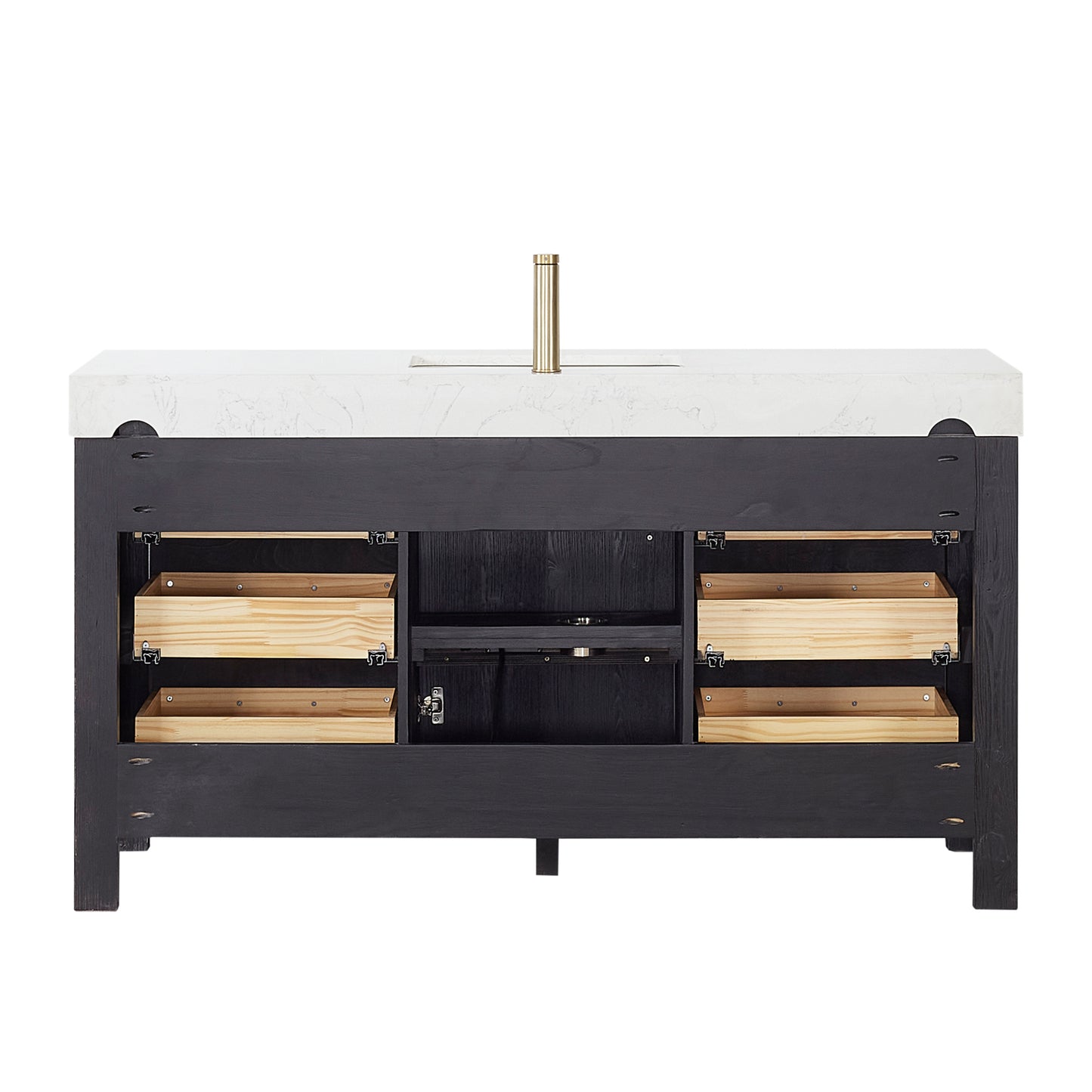 Vinnova, León 60in. Free-standing Single Bathroom Vanity in Fir Wood Black with Composite top in Lightning White and Mirror