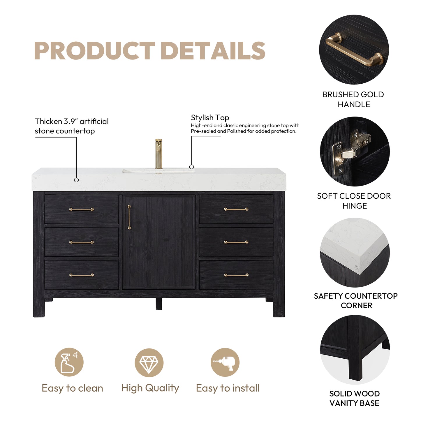 Vinnova, León 60in. Free-standing Single Bathroom Vanity in Fir Wood Black with Composite top in Lightning White and Mirror