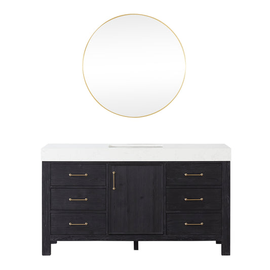 Vinnova, León 60in. Free-standing Single Bathroom Vanity in Fir Wood Black with Composite top in Lightning White and Mirror