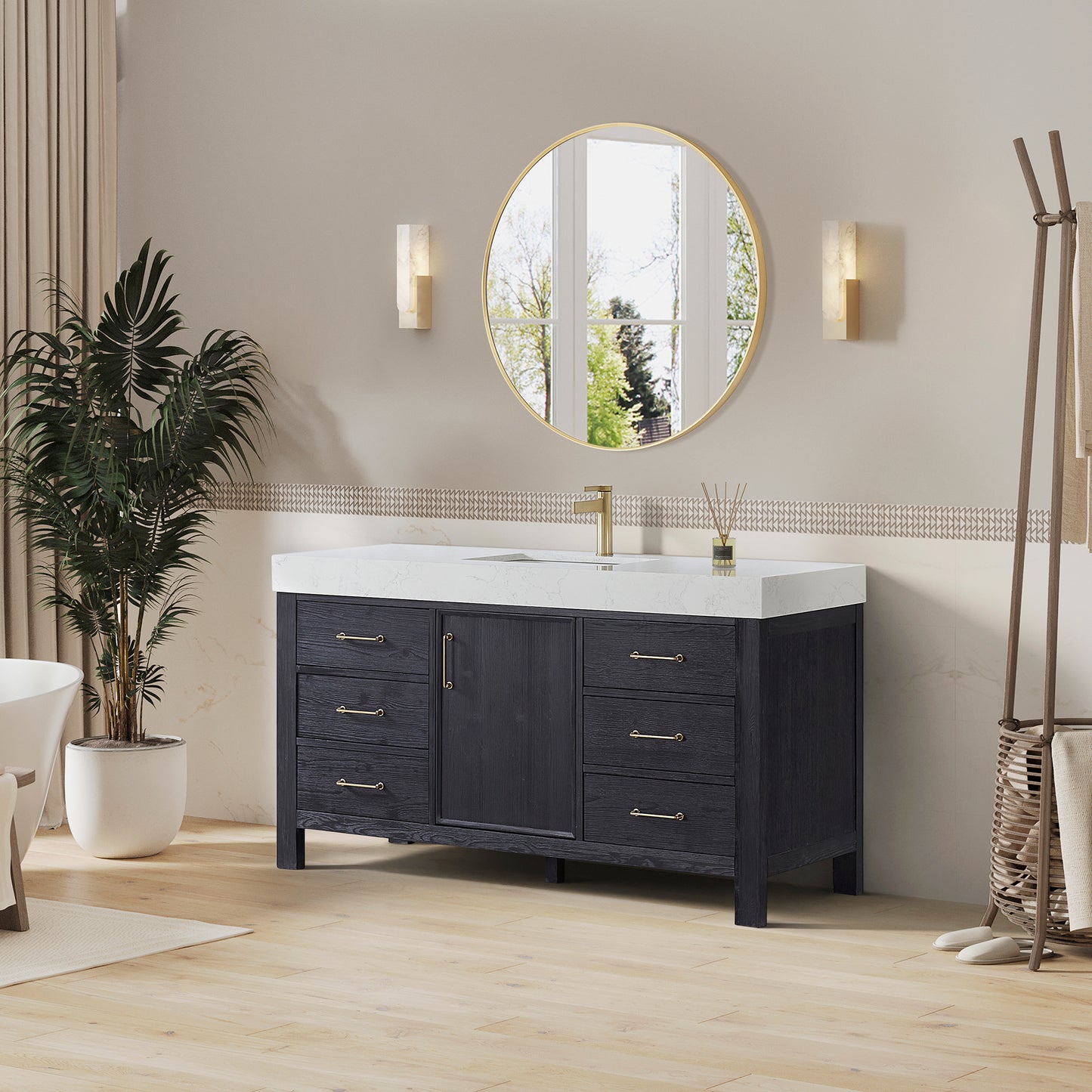 Vinnova, León 60in. Free-standing Single Bathroom Vanity in Fir Wood Black with Composite top in Lightning White and Mirror