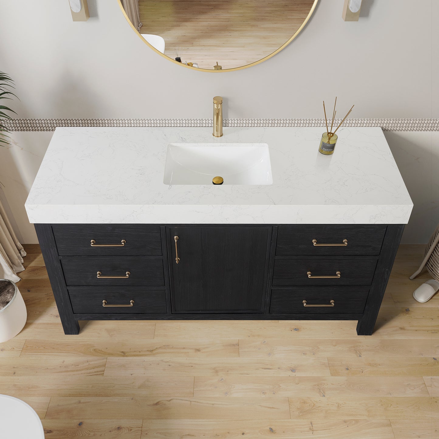 Vinnova, León 60in. Free-standing Single Bathroom Vanity in Fir Wood Black with Composite top in Lightning White and Mirror