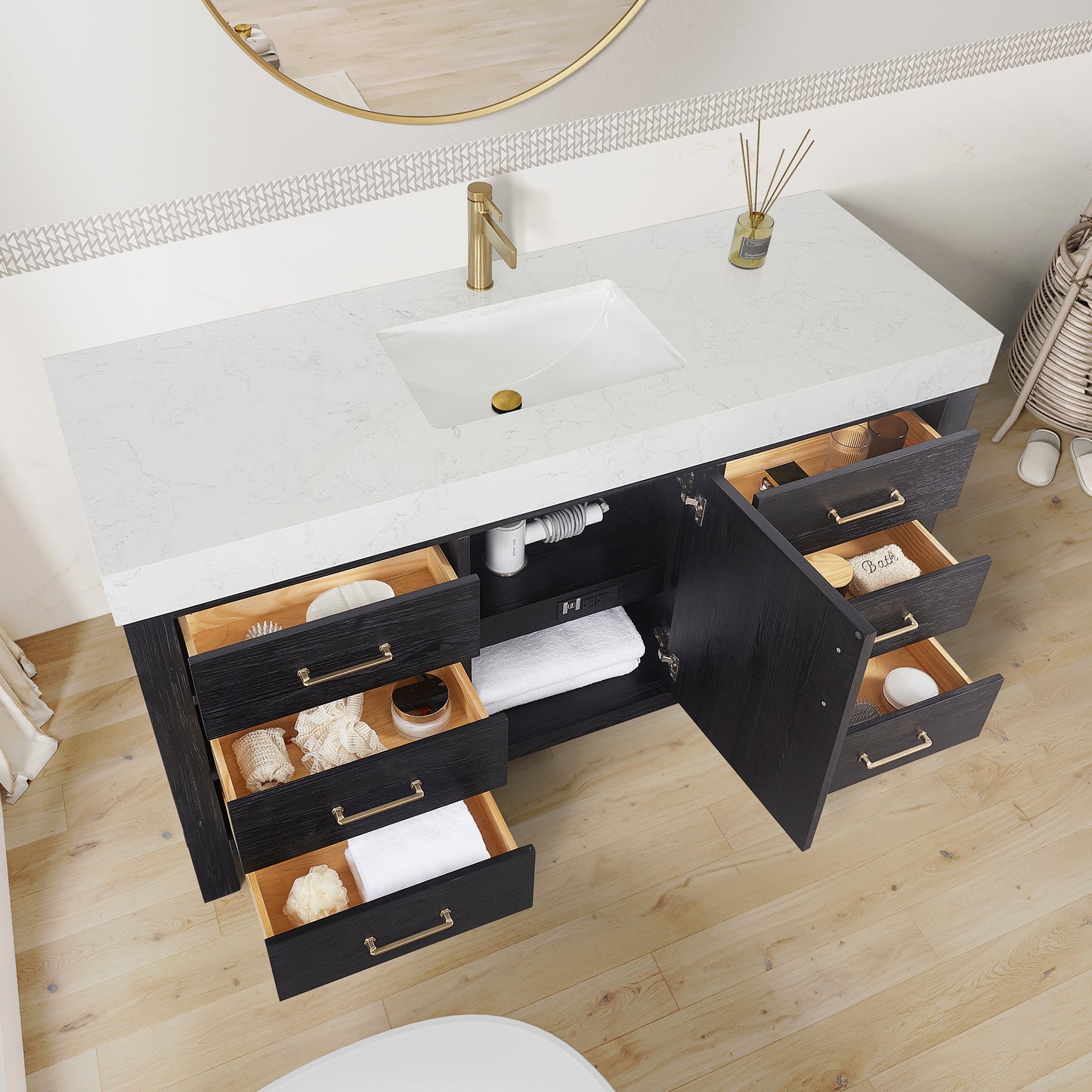Vinnova, León 60in. Free-standing Single Bathroom Vanity in Fir Wood Black with Composite top in Lightning White and Mirror