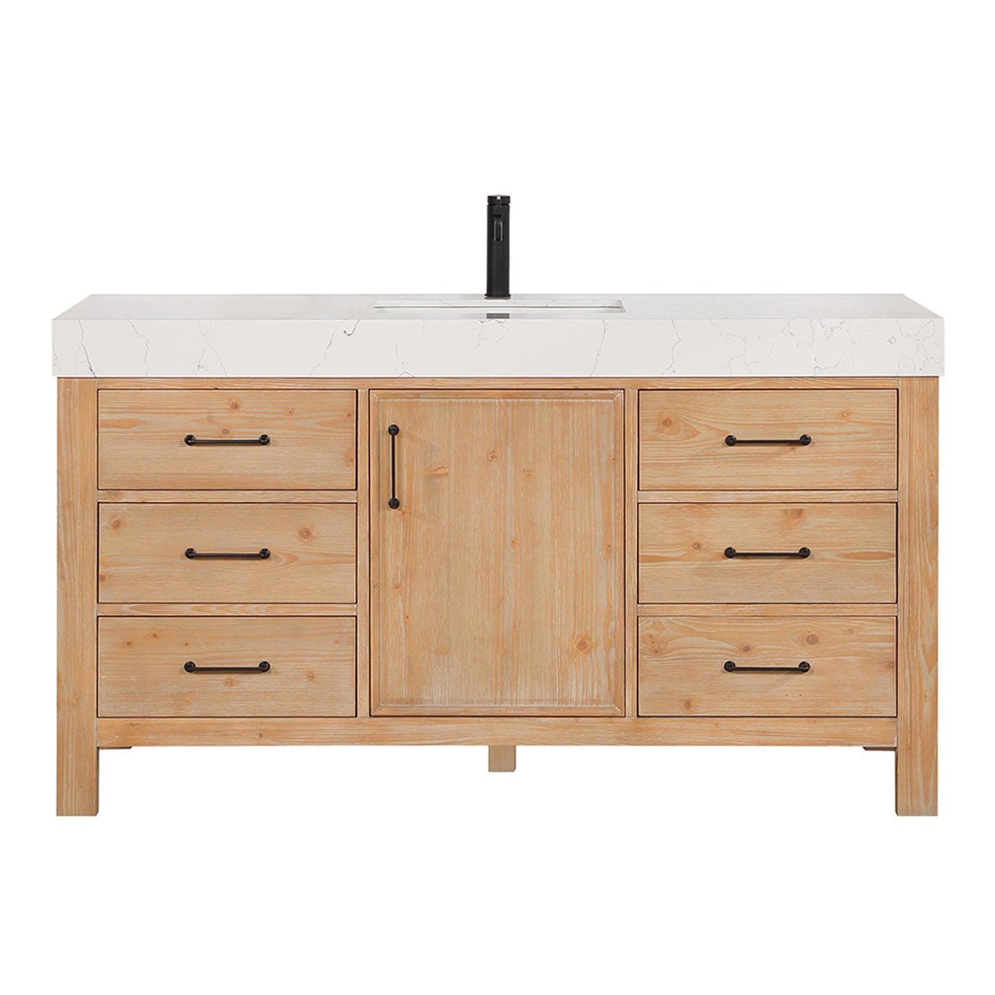 Vinnova, León 60in. Free-standing Single Bathroom Vanity in Fir Wood Brown with Composite top in Lightning White