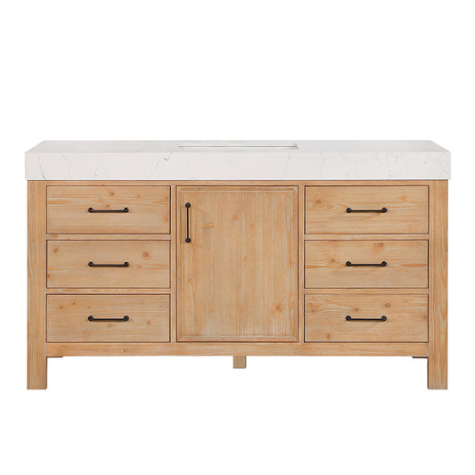 Vinnova, León 60in. Free-standing Single Bathroom Vanity in Fir Wood Brown with Composite top in Lightning White