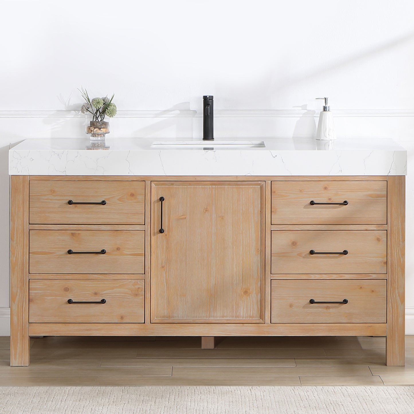 Vinnova, León 60in. Free-standing Single Bathroom Vanity in Fir Wood Brown with Composite top in Lightning White