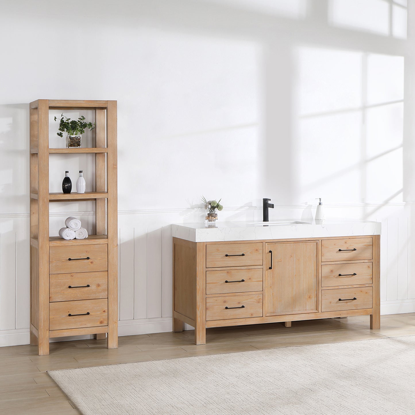 Vinnova, León 60in. Free-standing Single Bathroom Vanity in Fir Wood Brown with Composite top in Lightning White