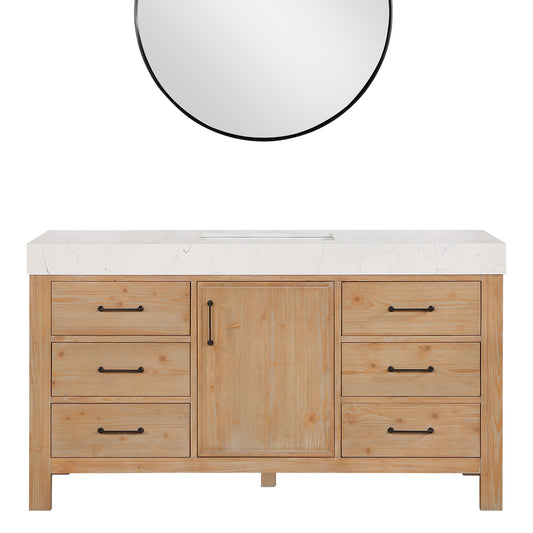 Vinnova, León 60in. Free-standing Single Bathroom Vanity in Fir Wood Brown with Composite top in Lightning White and Mirror