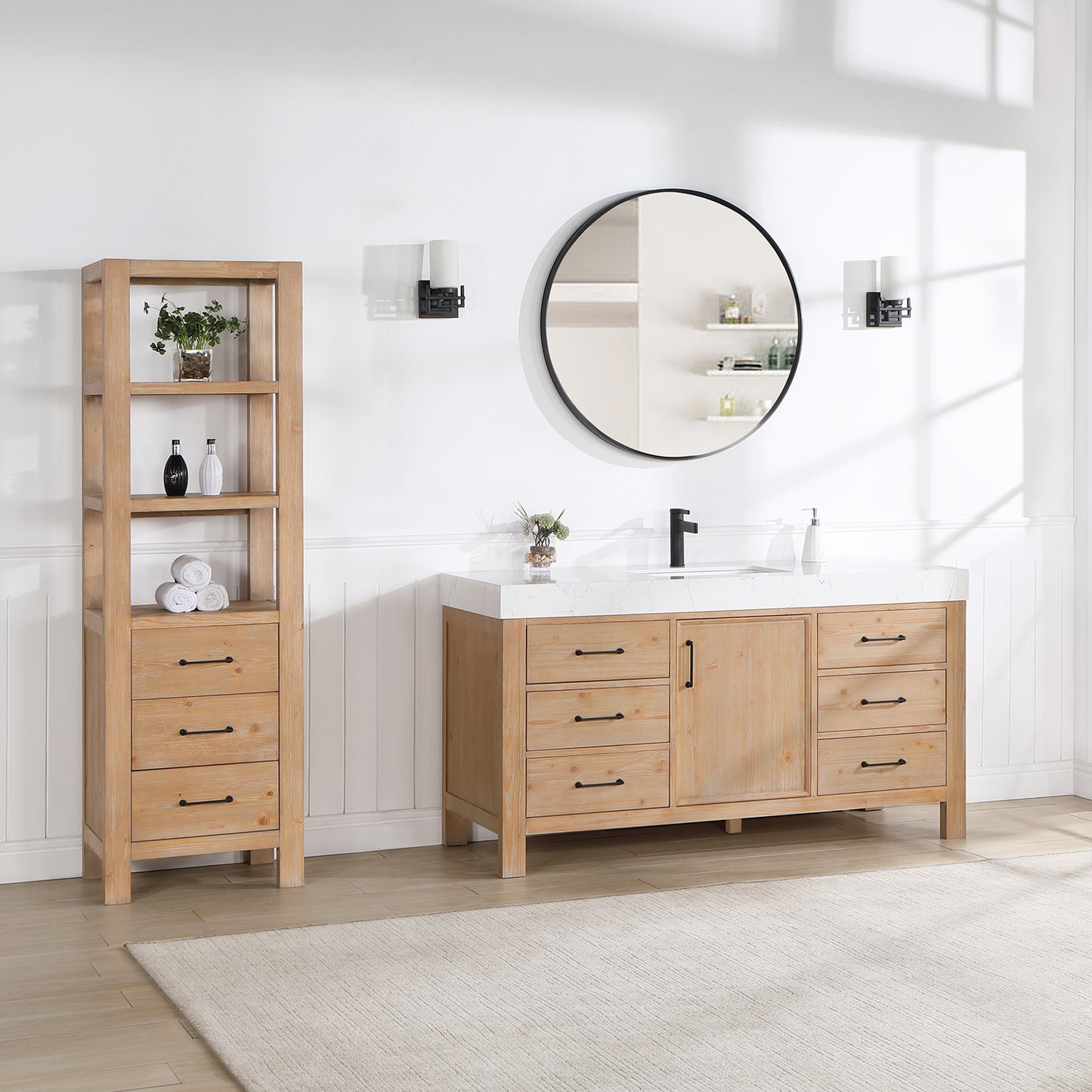 Vinnova, León 60in. Free-standing Single Bathroom Vanity in Fir Wood Brown with Composite top in Lightning White and Mirror