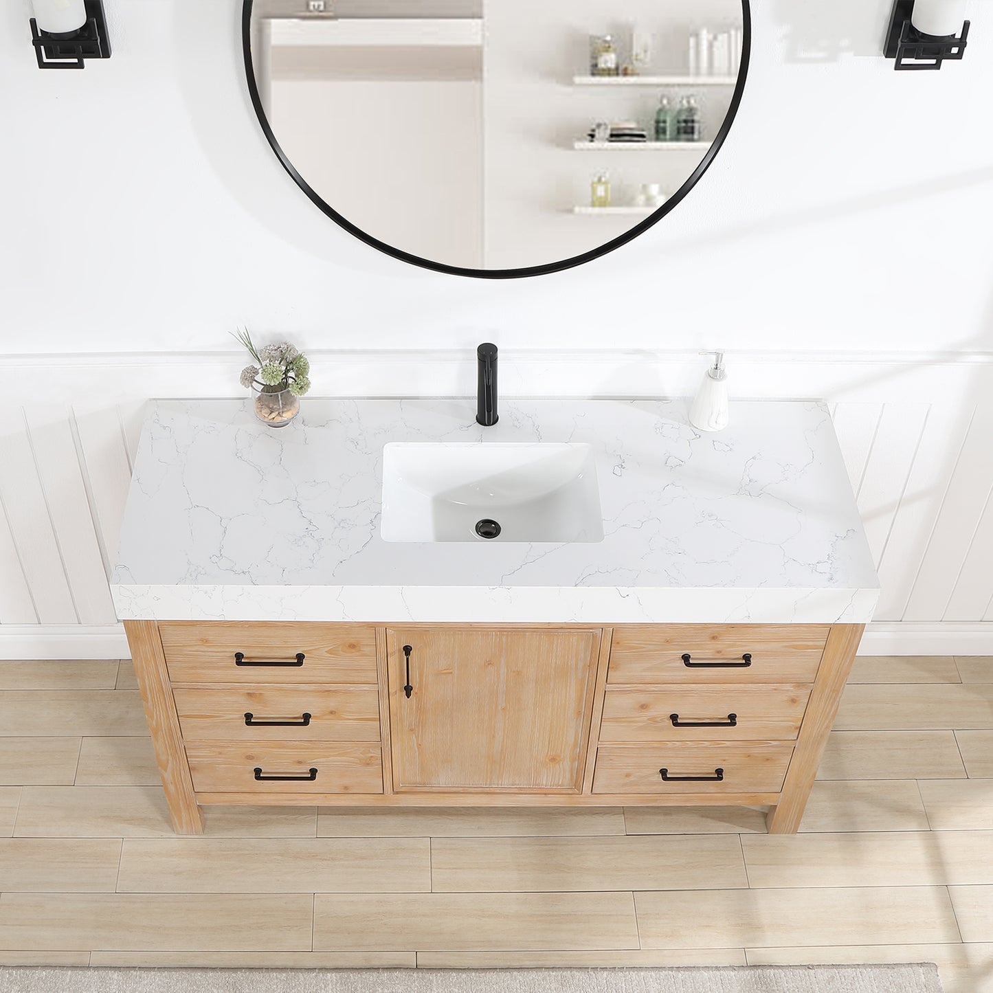 Vinnova, León 60in. Free-standing Single Bathroom Vanity in Fir Wood Brown with Composite top in Lightning White and Mirror