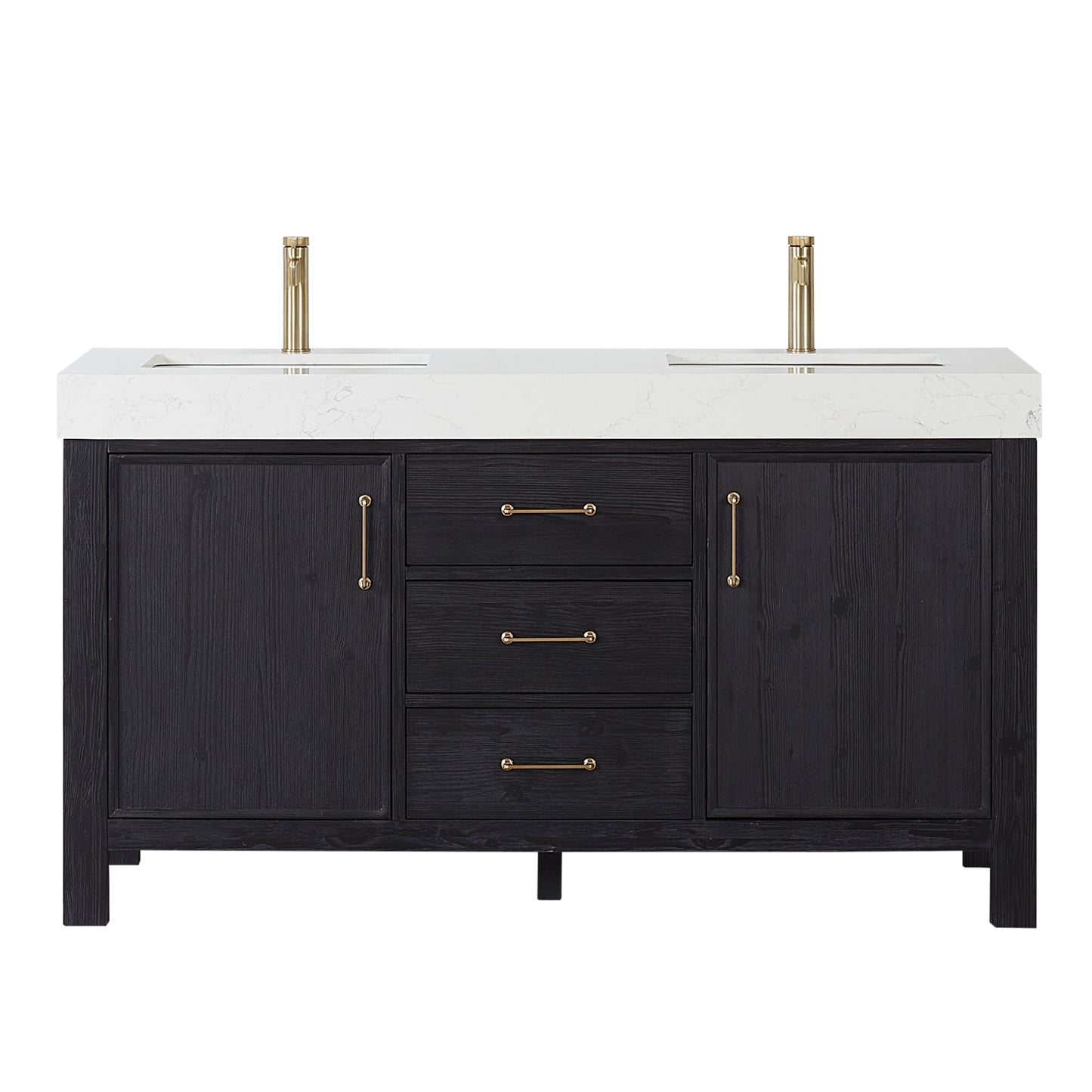 Vinnova, León 60in. Free-standing Double Bathroom Vanity in Fir Wood Black with Composite top in Lightning White