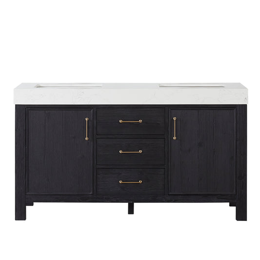 Vinnova, León 60in. Free-standing Double Bathroom Vanity in Fir Wood Black with Composite top in Lightning White