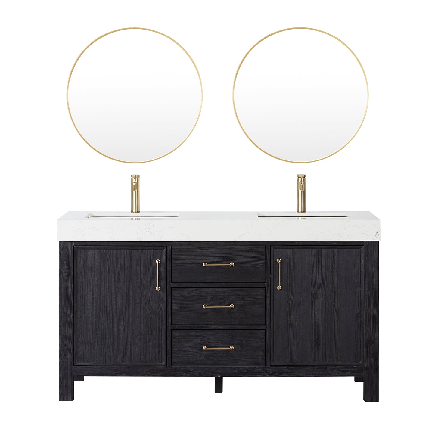 Vinnova, León 60in. Free-standing Double Bathroom Vanity in Fir Wood Black with Composite top in Lightning White and Mirror