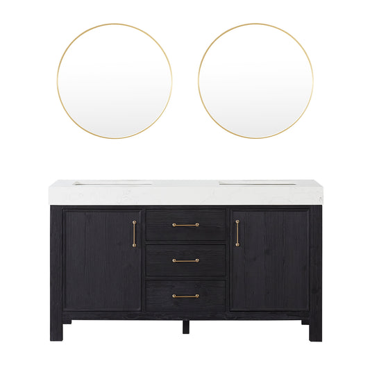 Vinnova, León 60in. Free-standing Double Bathroom Vanity in Fir Wood Black with Composite top in Lightning White and Mirror