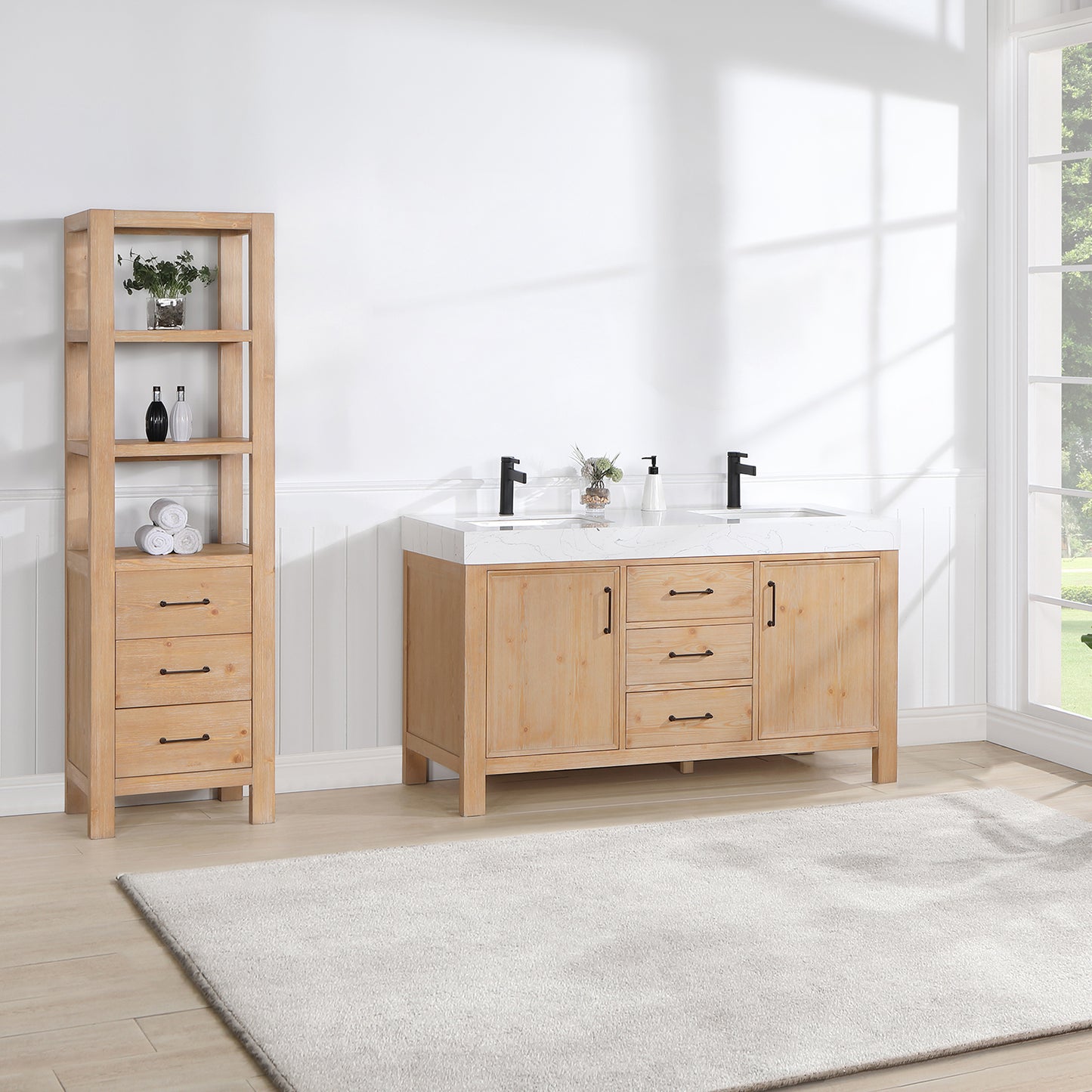 Vinnova, León 60in. Free-standing Double Bathroom Vanity in Fir Wood Brown with Composite top in Lightning White