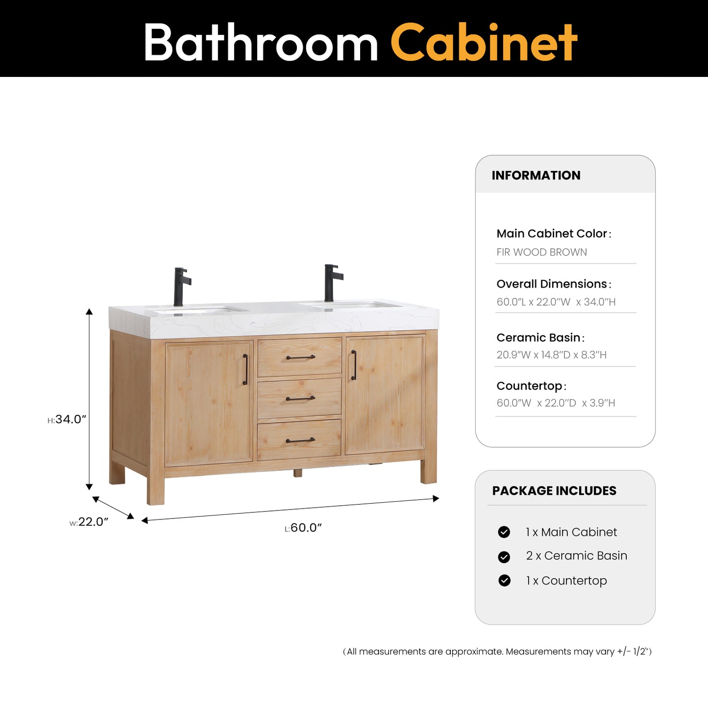 Vinnova, León 60in. Free-standing Double Bathroom Vanity in Fir Wood Brown with Composite top in Lightning White