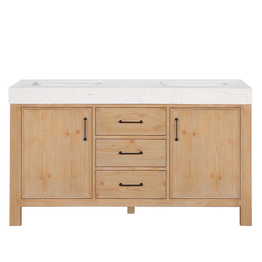 Vinnova, León 60in. Free-standing Double Bathroom Vanity in Fir Wood Brown with Composite top in Lightning White