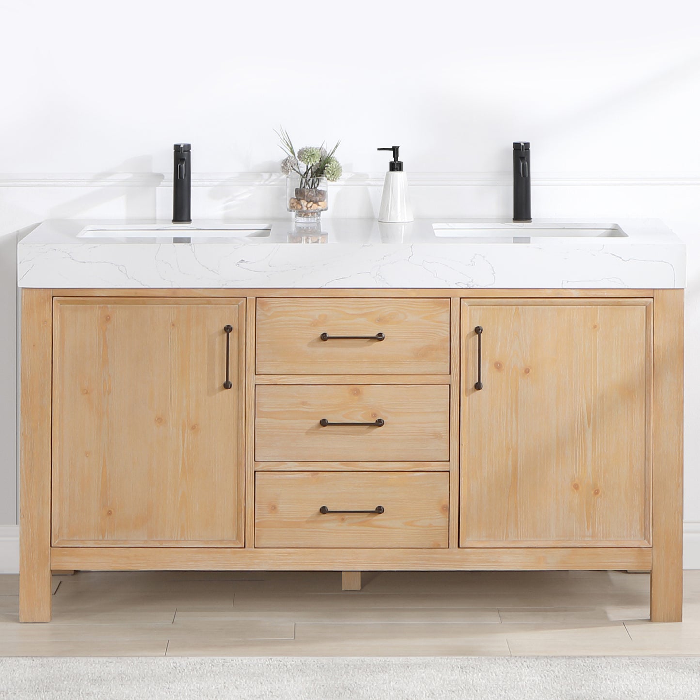 Vinnova, León 60in. Free-standing Double Bathroom Vanity in Fir Wood Brown with Composite top in Lightning White