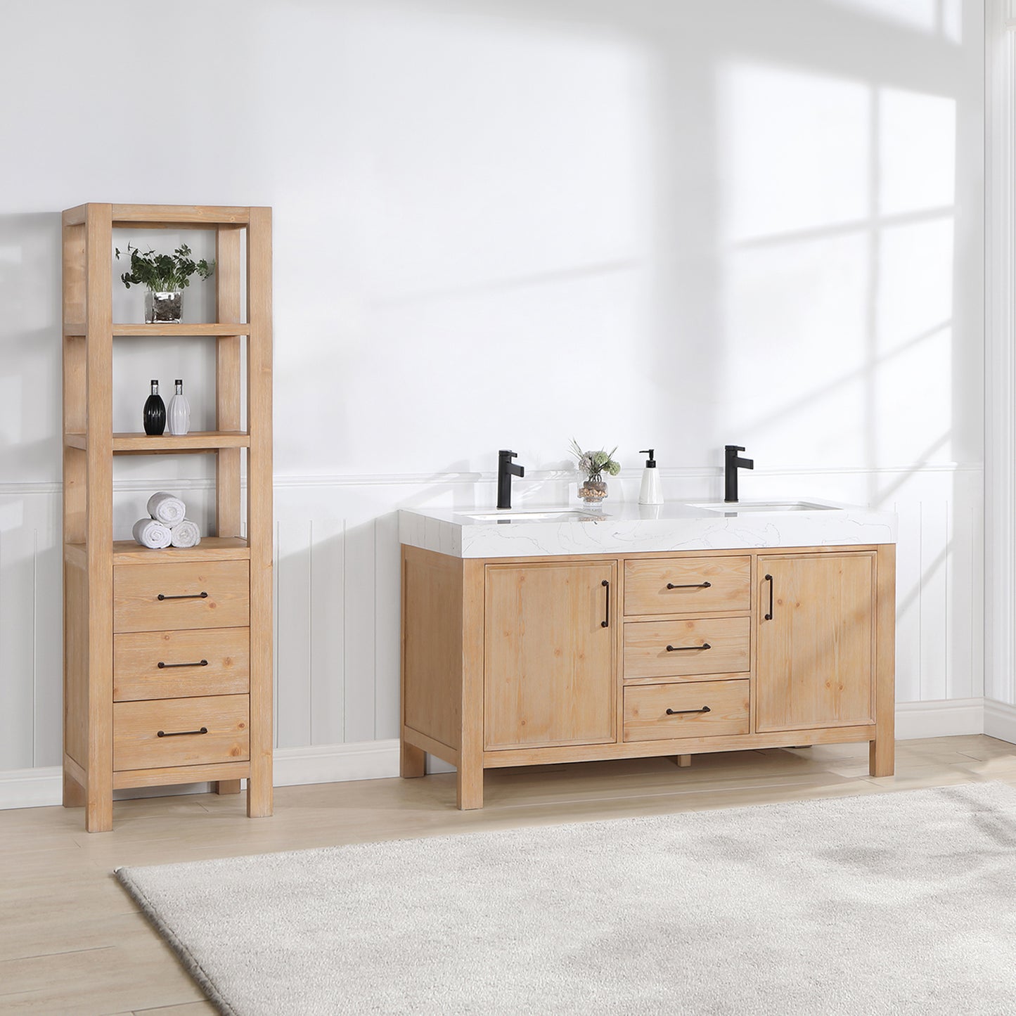 Vinnova, León 60in. Free-standing Double Bathroom Vanity in Fir Wood Brown with Composite top in Lightning White