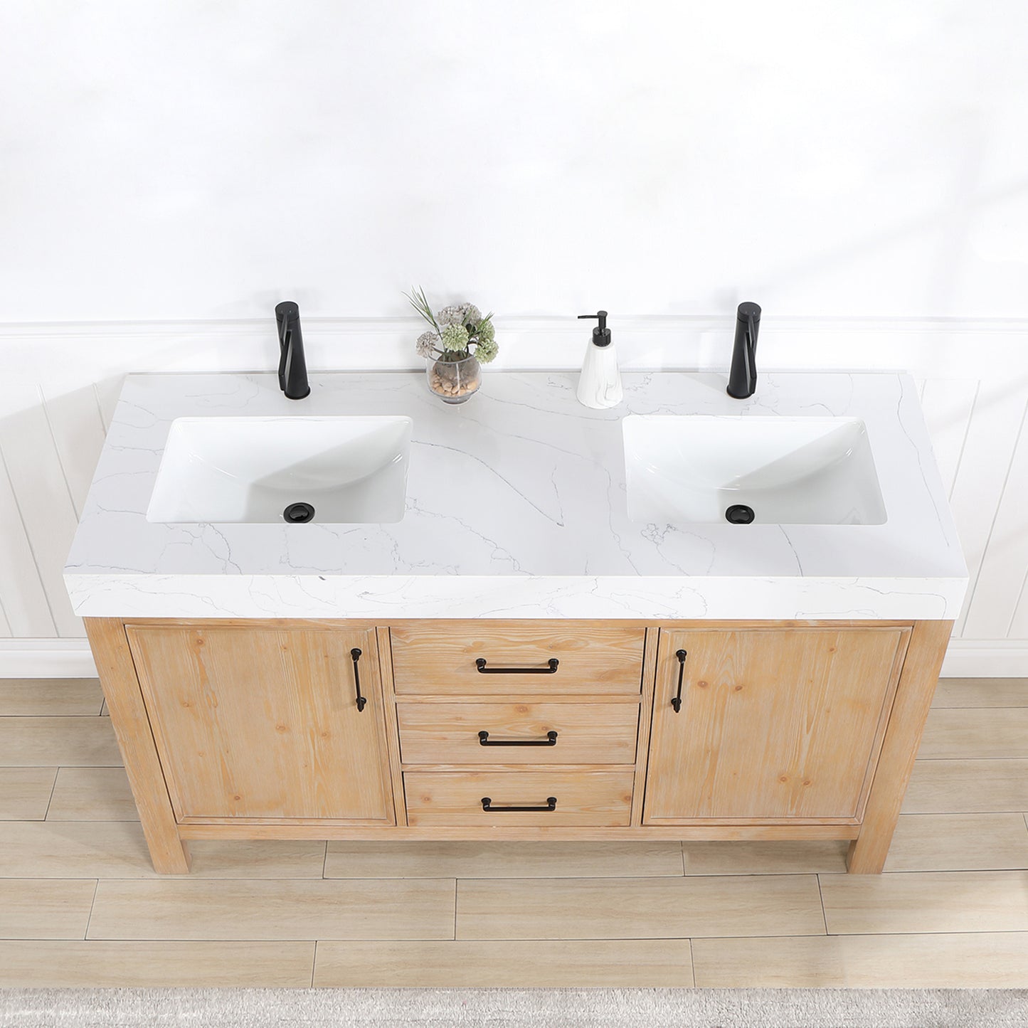 Vinnova, León 60in. Free-standing Double Bathroom Vanity in Fir Wood Brown with Composite top in Lightning White