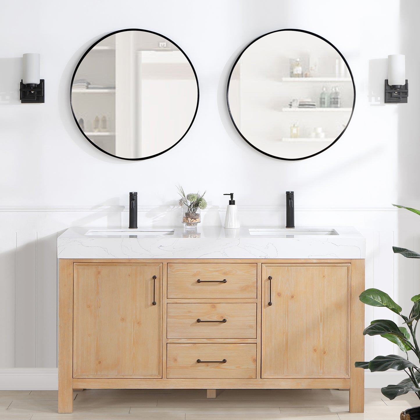 Vinnova, León 60in. Free-standing Double Bathroom Vanity in Fir Wood Brown with Composite top in Lightning White and Mirror