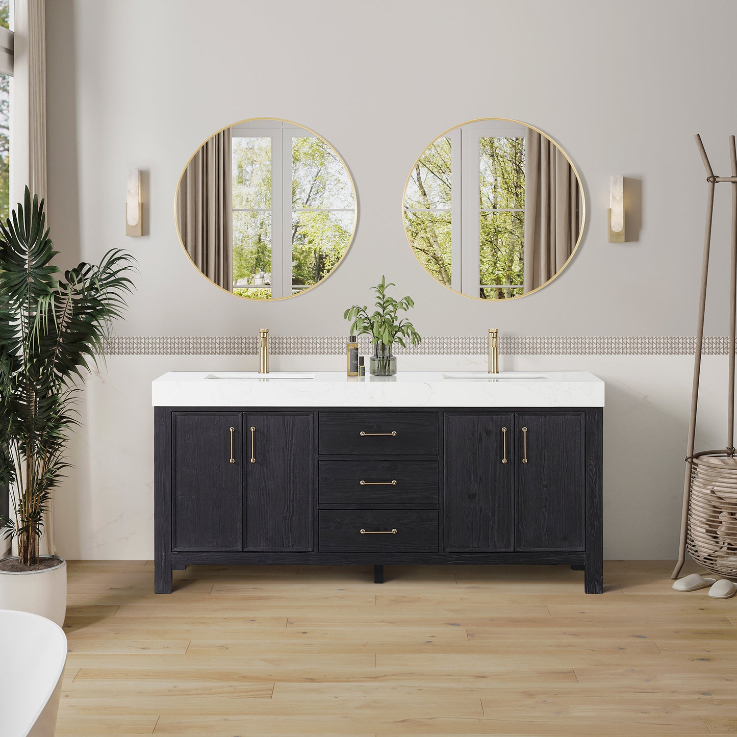 Vinnova, León 72in. Free-standing Double Bathroom Vanity in Fir Wood Black with Composite top in Lightning White