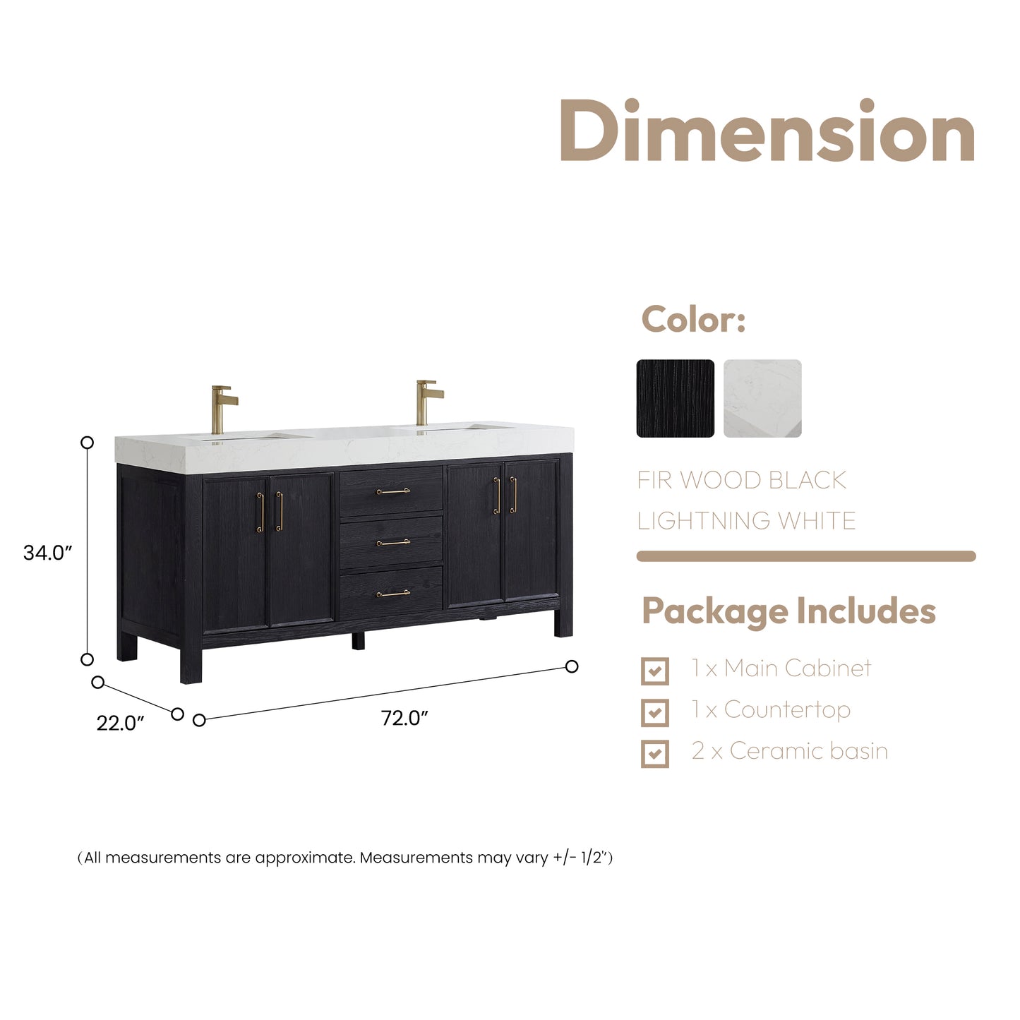 Vinnova, León 72in. Free-standing Double Bathroom Vanity in Fir Wood Black with Composite top in Lightning White