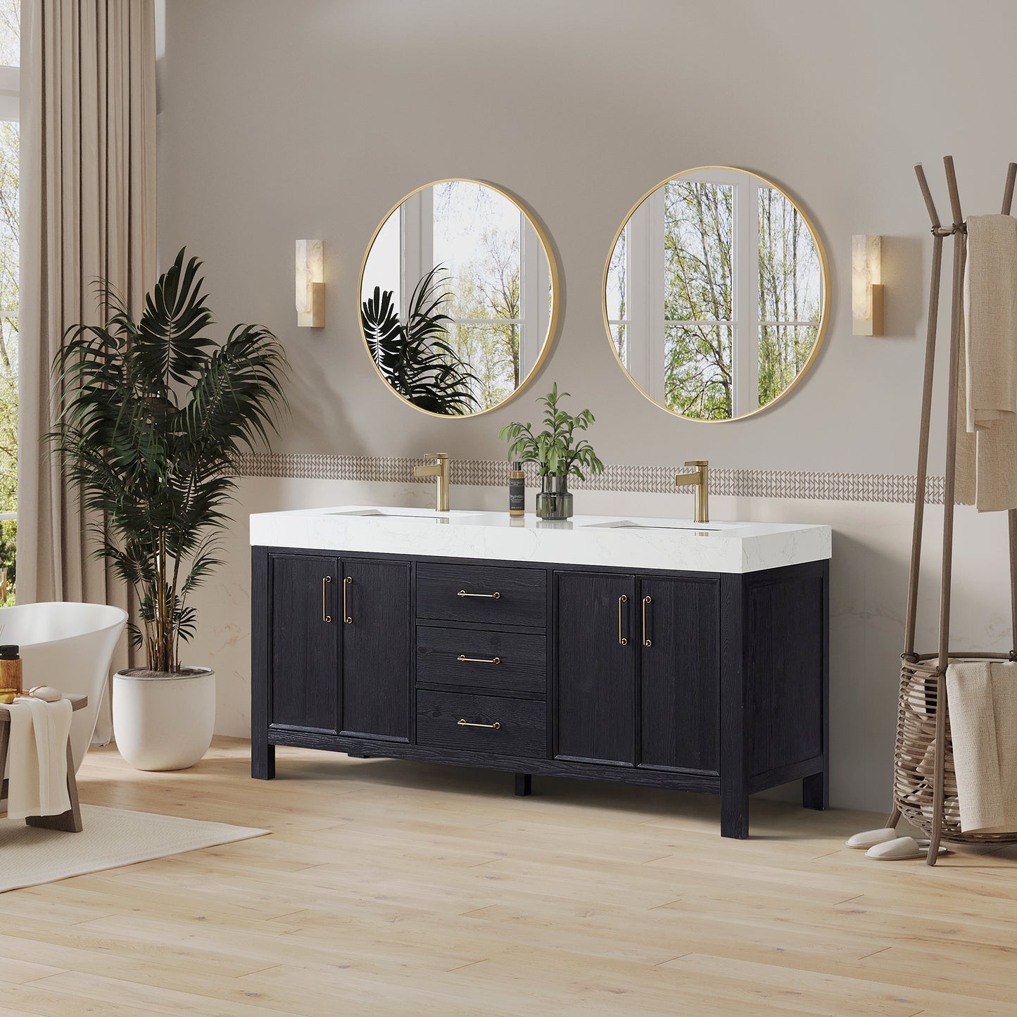 Vinnova, León 72in. Free-standing Double Bathroom Vanity in Fir Wood Black with Composite top in Lightning White