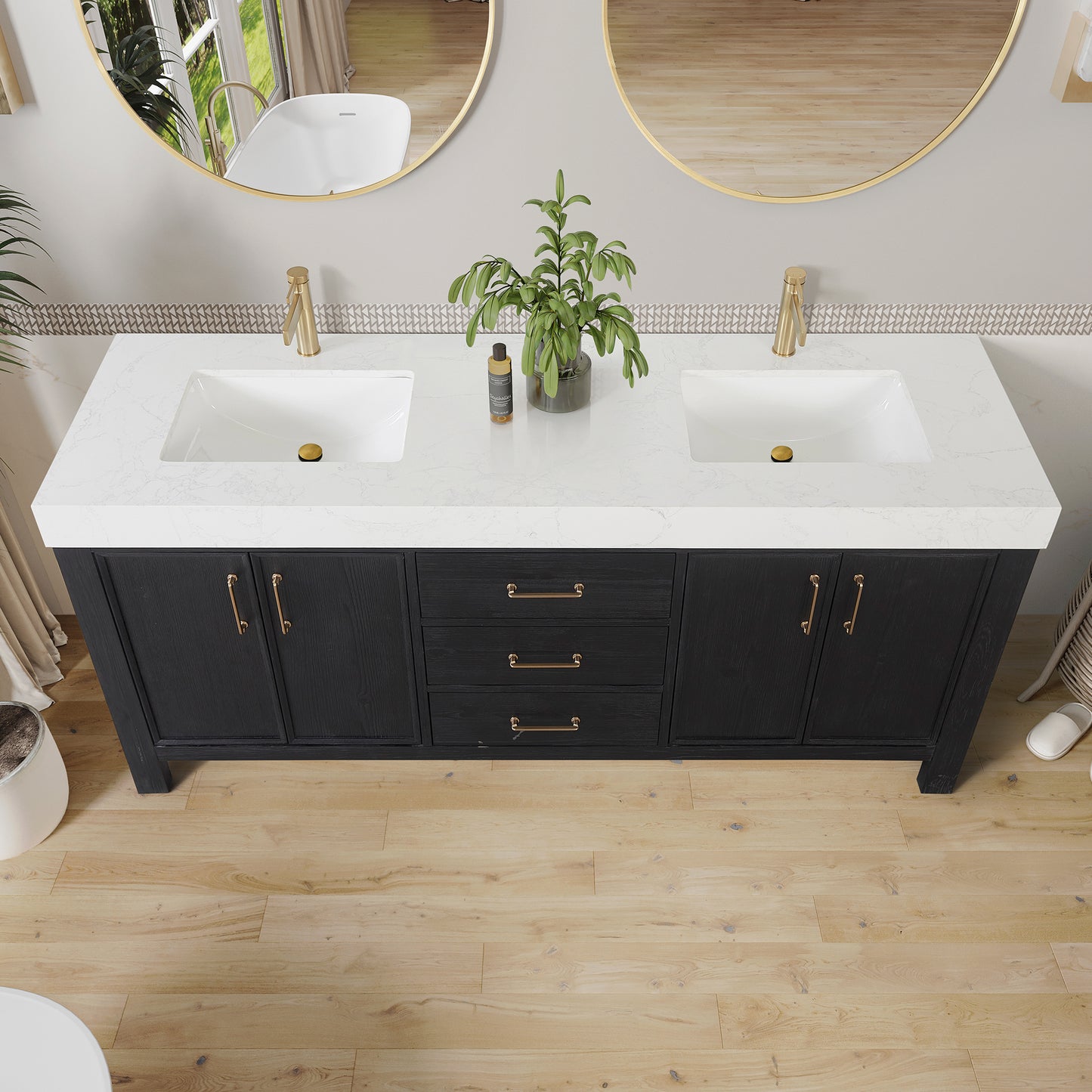 Vinnova, León 72in. Free-standing Double Bathroom Vanity in Fir Wood Black with Composite top in Lightning White