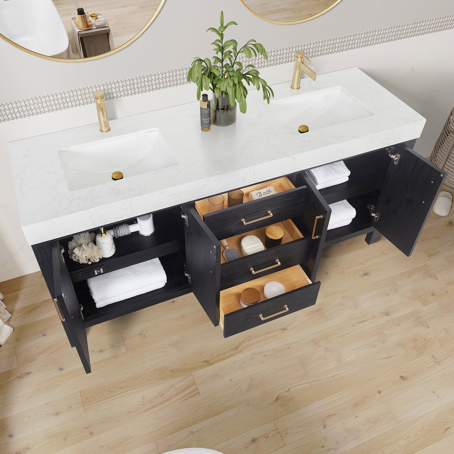 Vinnova, León 72in. Free-standing Double Bathroom Vanity in Fir Wood Black with Composite top in Lightning White