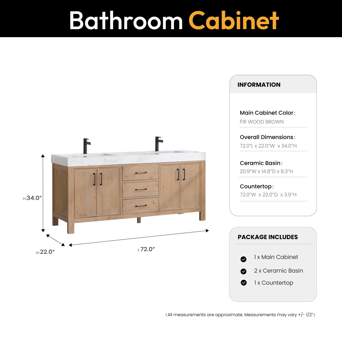 Vinnova, León 72in. Free-standing Double Bathroom Vanity in Fir Wood Brown with Composite top in Lightning White