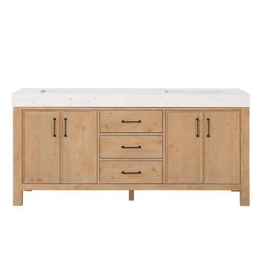 Vinnova, León 72in. Free-standing Double Bathroom Vanity in Fir Wood Brown with Composite top in Lightning White