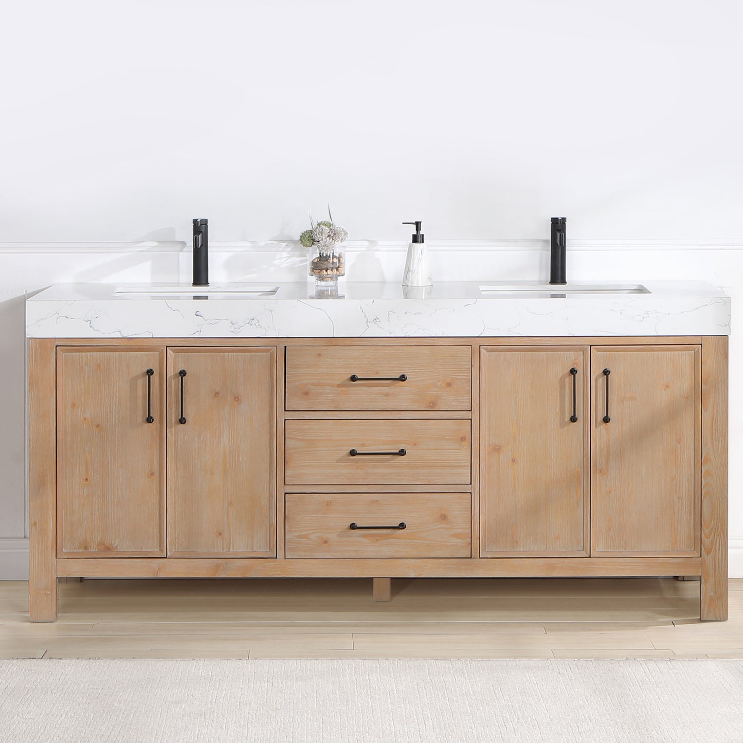 Vinnova, León 72in. Free-standing Double Bathroom Vanity in Fir Wood Brown with Composite top in Lightning White