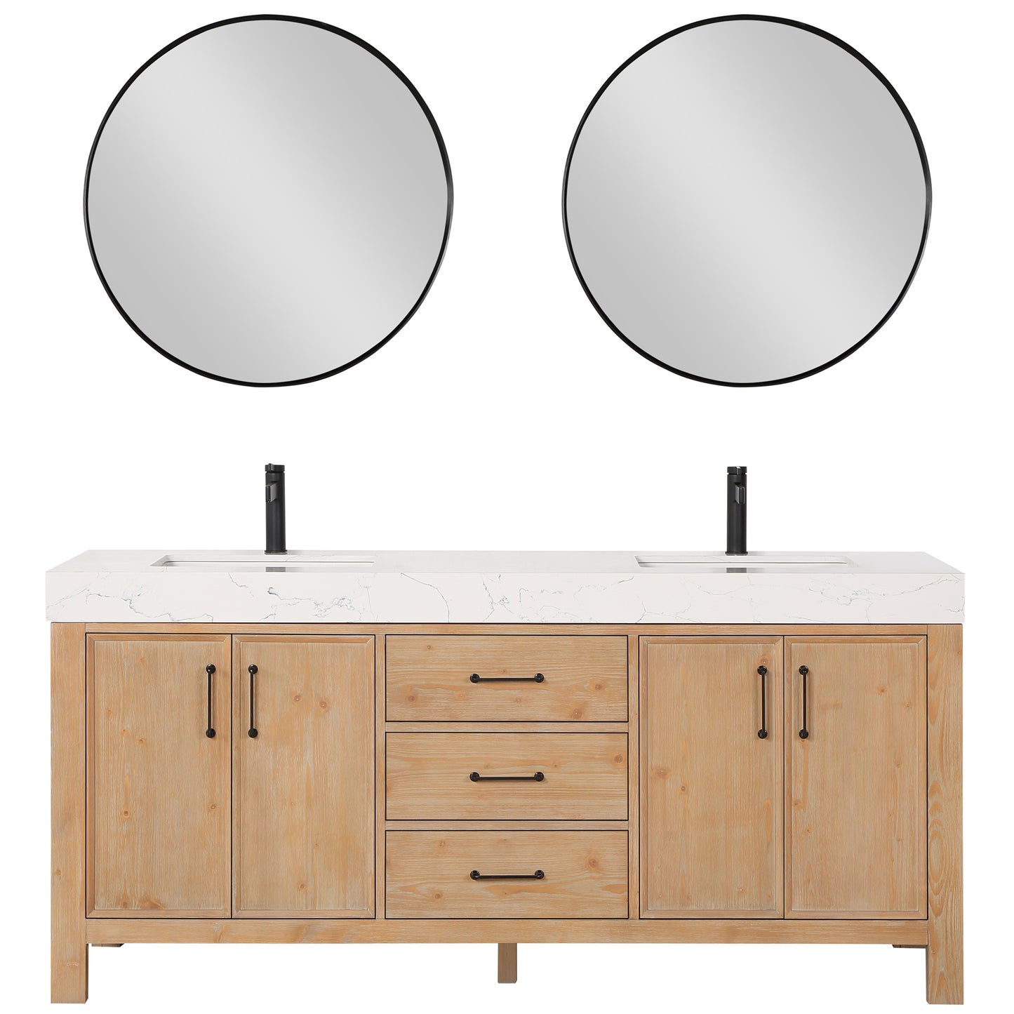 Vinnova, León 72in. Free-standing Double Bathroom Vanity in Fir Wood Brown with Composite top in Lightning White and Mirror