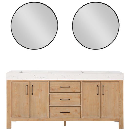 Vinnova, León 72in. Free-standing Double Bathroom Vanity in Fir Wood Brown with Composite top in Lightning White and Mirror