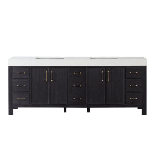 Vinnova, León 84in. Free-standing Double Bathroom Vanity in Fir Wood Black with Composite top in Lightning White