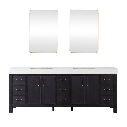 Vinnova, León 84in. Free-standing Double Bathroom Vanity in Fir Wood Black with Composite top in Lightning White and Mirror