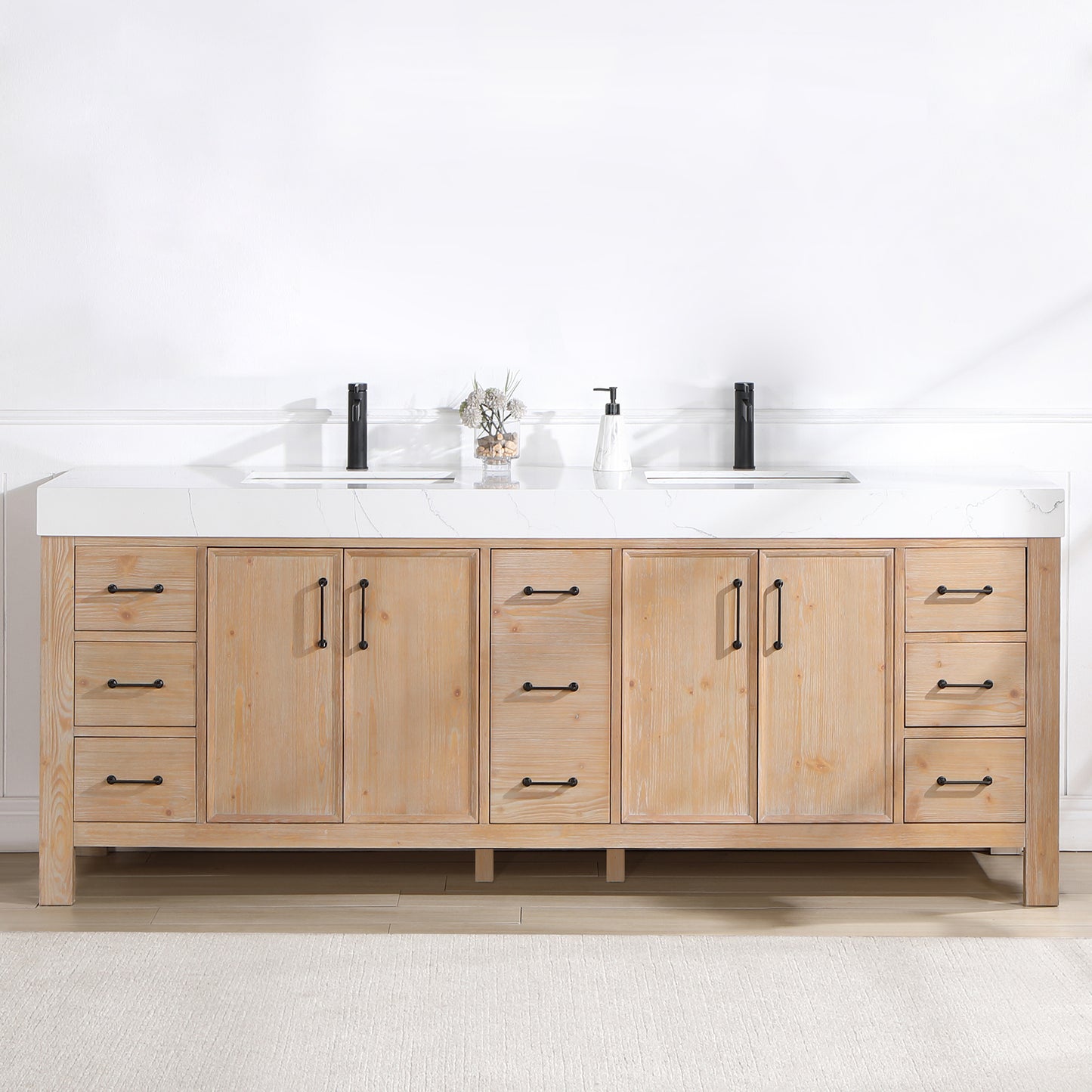 Vinnova, León 84in. Free-standing Double Bathroom Vanity in Fir Wood Brown with Composite top in Lightning White