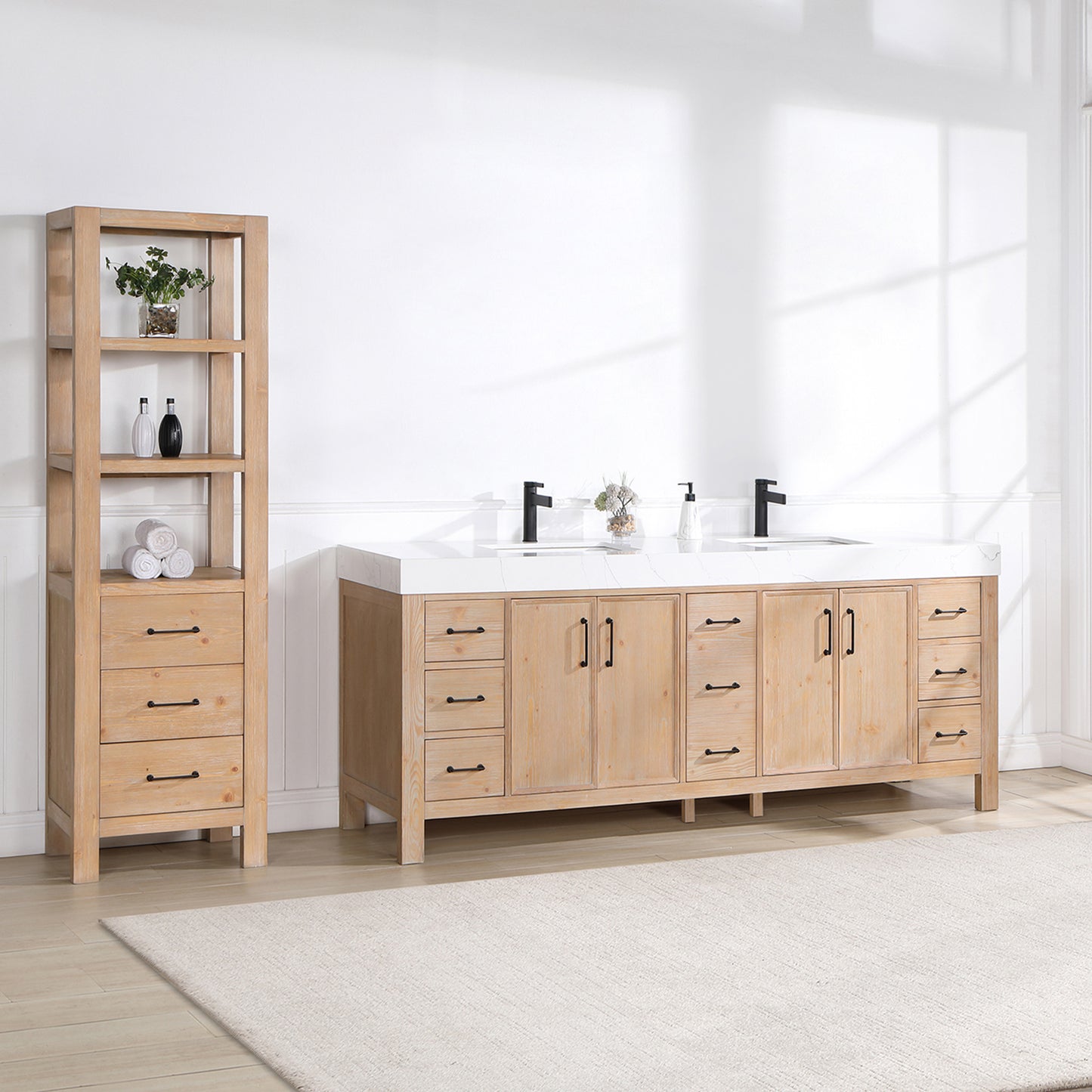Vinnova, León 84in. Free-standing Double Bathroom Vanity in Fir Wood Brown with Composite top in Lightning White