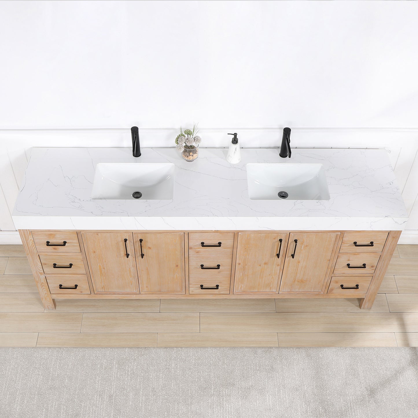 Vinnova, León 84in. Free-standing Double Bathroom Vanity in Fir Wood Brown with Composite top in Lightning White