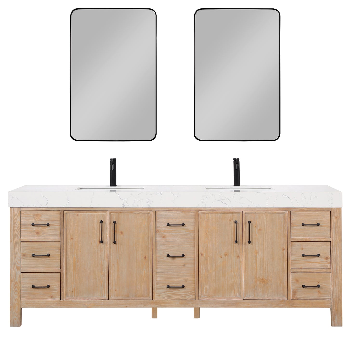 Vinnova, León 84in. Free-standing Double Bathroom Vanity in Fir Wood Brown with Composite top in Lightning White and Mirror