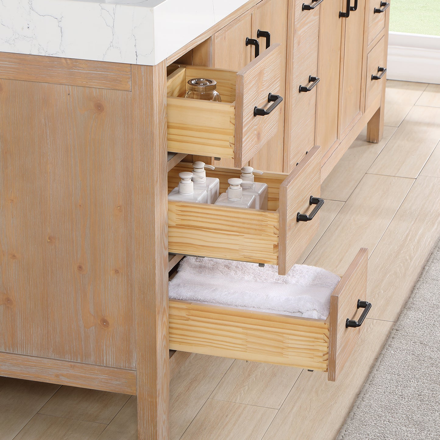 Vinnova, León 84in. Free-standing Double Bathroom Vanity in Fir Wood Brown with Composite top in Lightning White and Mirror