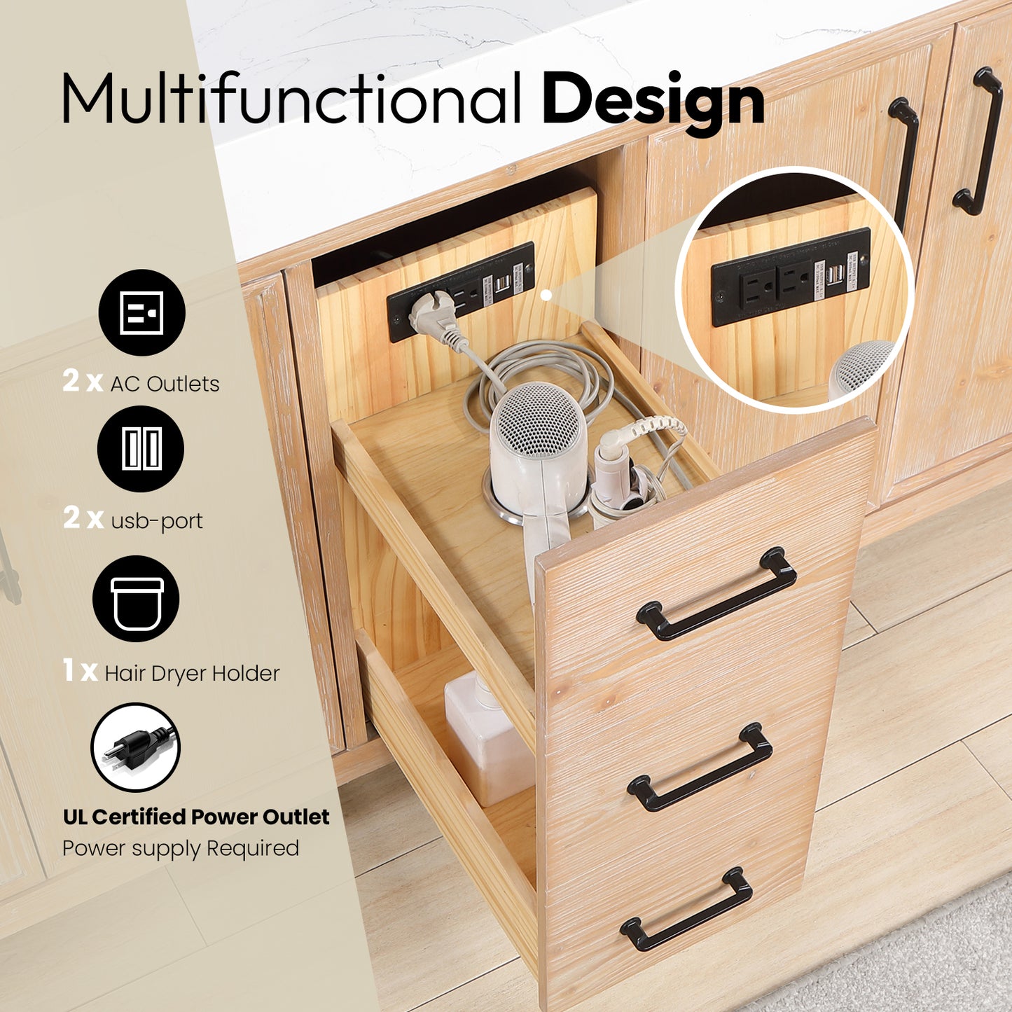 Vinnova, León 84in. Free-standing Double Bathroom Vanity in Fir Wood Brown with Composite top in Lightning White and Mirror