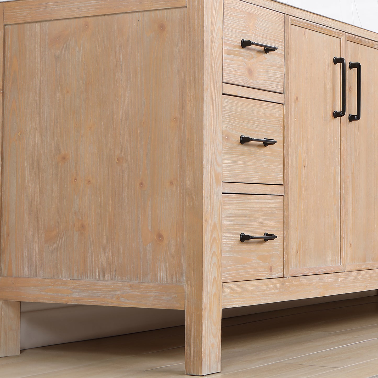Vinnova, León 84in. Free-standing Double Bathroom Vanity in Fir Wood Brown with Composite top in Lightning White and Mirror