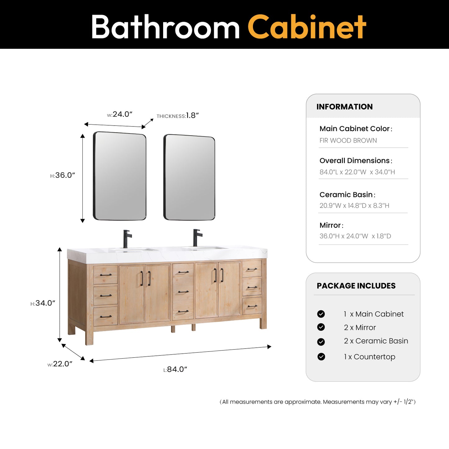 Vinnova, León 84in. Free-standing Double Bathroom Vanity in Fir Wood Brown with Composite top in Lightning White and Mirror